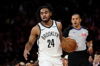 Cam Thomas #24 of the Brooklyn Nets handles the ball during the 2025 NBA China Game between the Brooklyn Nets and Phoenix Suns at The Venetian Macau on October 12, 2025 in Macau.