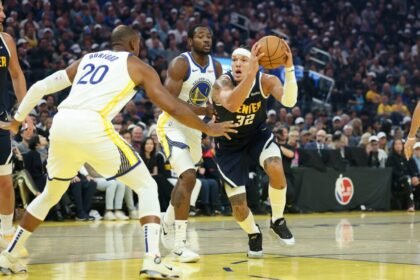 Aaron Gordon plays for the Denver Nuggets vs. the Golden State Warriors.