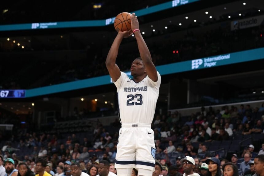 Cedric Coward #23 of the Memphis Grizzlies takes a shot during the second half of a preseason game against the Boston Celtics at FedExForum.