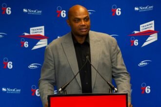 Charles Barkley during an event where the Philadelphia 76ers unveiled a sculpture of him to honor his time with the team.