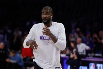 Los Angeles Lakers center Deandre Ayton, 5, during the NBA game between the Golden State Warriors and Los Angeles Lakers at Crypto.com Arena on October 21, 2025.
