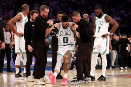 Boston Celtics superstar Jayson Tatum immediately after injuring his Achilles tendon during the 2025 playoffs.