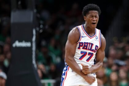 Philadelphia 76ers rookie VJ Edgecombe celebrates against the Boston Celtics.