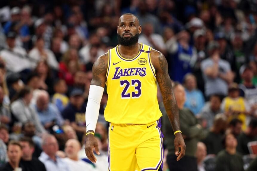 #23 LeBron James of the Los Angeles Lakers takes on the Minnesota Timberwolves in the first quarter of Game 3 of the first round of the 2025 NBA Playoffs.