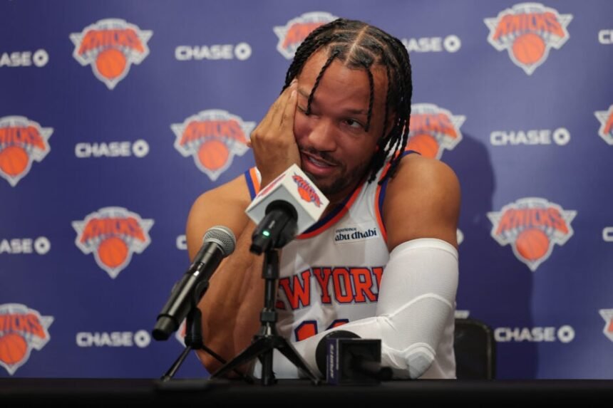 New York Knicks No. 11 Jalen Brunson speaks to the media at the Knicks' training facility.