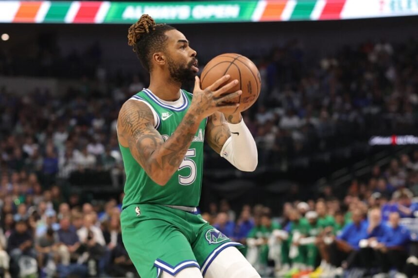 D'Angelo Russell #5 of the Dallas Mavericks takes a 3-point shot during the first half against the Toronto Raptors at American Airlines Center.