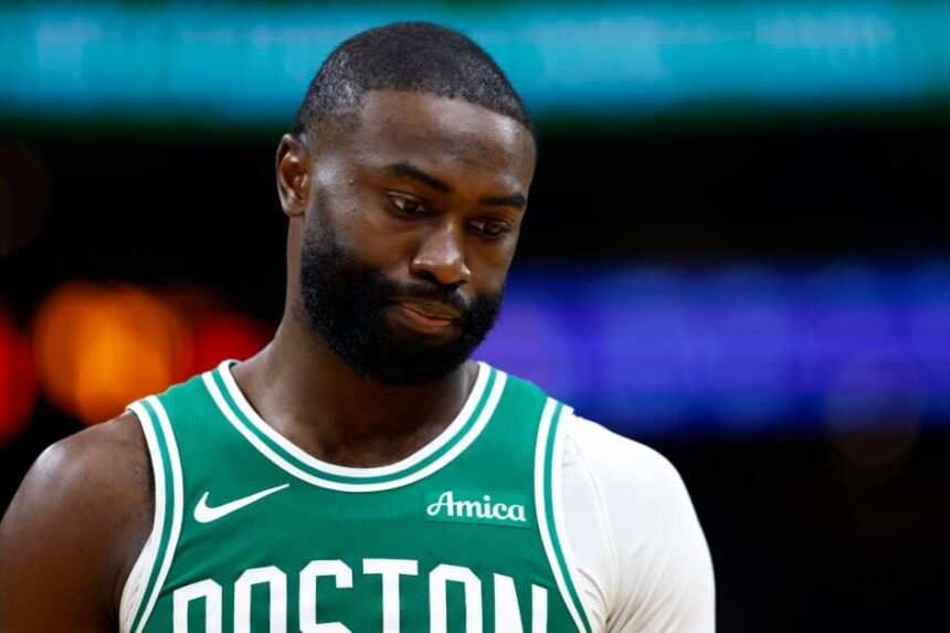 Boston Celtics guard Jaylen Brown reacts against Philadelphia 76ers