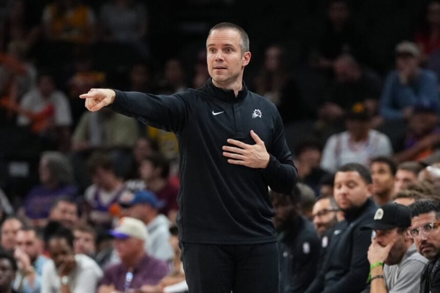 Phoenix Suns head coach Jordan Ott gestures during the second half of a preseason NBA game against the Los Angeles Lakers at Mortgage Matchup Center.