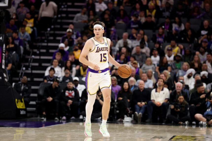 Los Angeles Lakers No. 15 Austin Reeves dribbles the ball during a game against the Sacramento Kings at Golden 1 Center on October 26, 2025 in Sacramento, California. Reaves scored a career-high 51 points.
