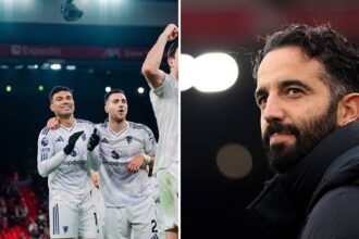 Split image of Harry Maguire and Casemiro celebrating goal vs Liverpool and Ruben Amorim