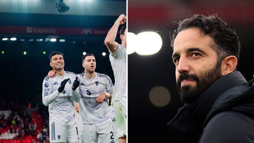 Split image of Harry Maguire and Casemiro celebrating goal vs Liverpool and Ruben Amorim