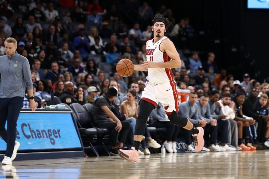 Jaime Jaquez Jr., No. 11 of the Miami Heat, brings the ball up the court during a game against the Memphis Grizzlies at FedExForum on October 24, 2025 in Memphis, Tennessee.