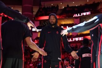 Kevin Durant #7 of the Houston Rockets stands on the court before a preseason game against the Utah Jazz at Toyota Center on October 8, 2025 in Houston, Texas.