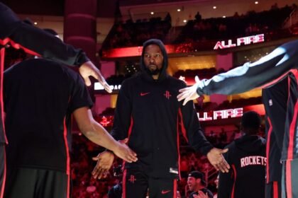 Kevin Durant #7 of the Houston Rockets stands on the court before a preseason game against the Utah Jazz at Toyota Center on October 8, 2025 in Houston, Texas.