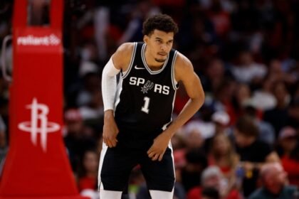 Victor Wembaneyama #1 of the San Antonio Spurs takes the court during the second half of the game against the Houston Rockets at Toyota Center.