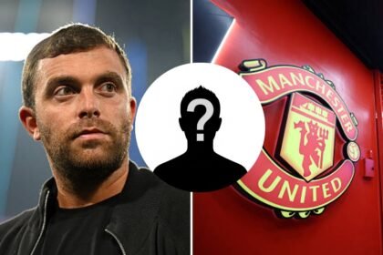 Split image of Fabrizio Romano and Manchester United badge with overlay of mystery player