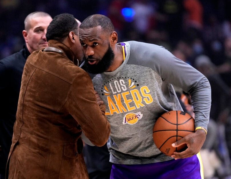 #6 LeBron James of the Los Angeles Lakers greets ESPN's Stephen A. Smith before an NBA basketball game against the Los Angeles Clippers at Crypto.com Arena on Thursday, March 3, 2022 in Los Angeles.