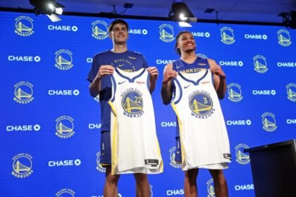 Golden State Warriors Summer League roster members and second-round draft picks Alex Twohy and Will Richard are shown to the press at Chase Center in San Francisco on Monday, June 30, 2025.