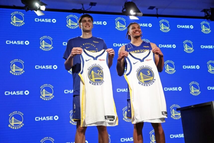 Golden State Warriors Summer League roster members and second-round draft picks Alex Twohy and Will Richard are shown to the press at Chase Center in San Francisco on Monday, June 30, 2025.
