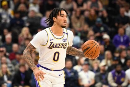 Jalen Hood-Schifino #0 of the Los Angeles Lakers in action during the first half of the game against the Utah Jazzat Delta Center.