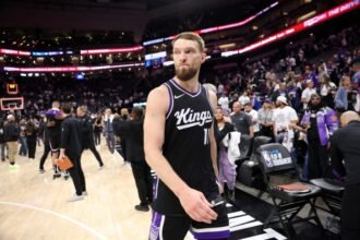 Sacramento Kings star center Domantas Sabonis left the court after a blowout loss in the 2025 play-in tournament.