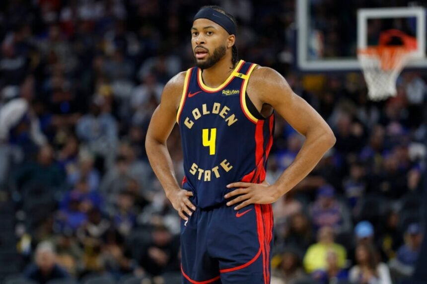 #4 Moses Moody of the Golden State Warriors plays against the New York Knicks during the second half of an NBA basketball game at Chase Center.