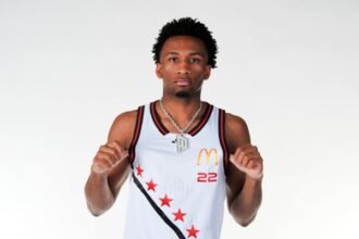 McDonald High School All-American Darin Peterson (22) poses for a photo at the New York Marriott on the Brooklyn Bridge on March 28, 2025 in Brooklyn, New York.