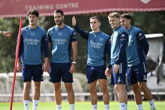 Christian Norgaard, Mikel Merino, Leandro Trossard, Martin Odegaard and Martin Zubimendi of Arsenal during a training session