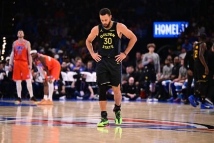 #30 Stephen Curry of the Golden State Warriors walks the floor during the second half of the game against the Oklahoma City Thunder at Paycom Center on November 11, 2025 in Oklahoma City, Oklahoma.