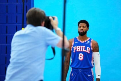 Paul George #8 of the Philadelphia 76ers participates in media day at the 76ers Training Complex.