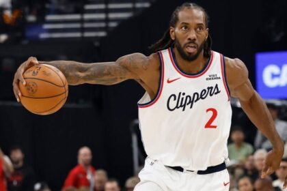 LA Clippers #2 Kawhi Leonard controls the ball during the first half against the Portland Trail Blazers at Intuit Dome.