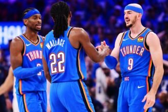 Alex Caruso #9, Kayson Wallace #22, and Shai Gilgeous-Alexander #2 of the Oklahoma City Thunder react during the fourth quarter of Game 7 of the Western Conference second round of the NBA playoffs against the Denver Nuggets at Paycom Center on May 18, 2025 in Oklahoma City, Oklahoma.