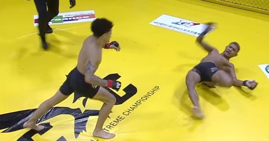 Misdo Fist: A fighter's leg twists at a terrifying angle after receiving a knockout punch.