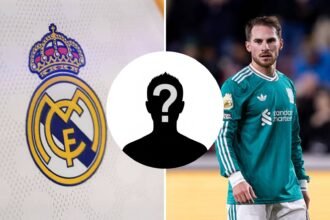 Split image of Real Madrid badge and Alexis Mac Allister with overlay of mystery player